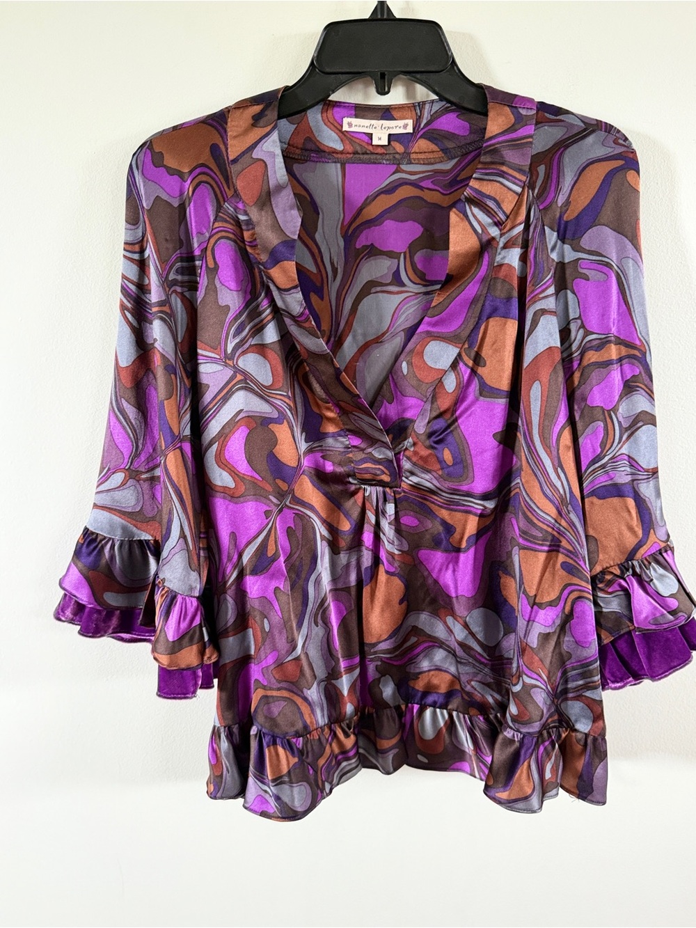 Nanette Lepore Purple and Brown Swirl V-Neck Ruffle Sleeve Blouse medium